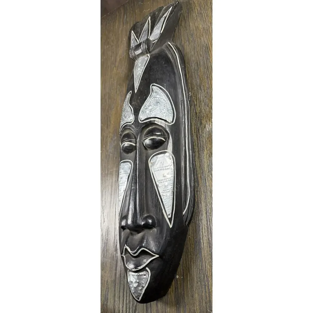 Vintage Ghana Hand Carved Wood Wall Mask Silver Metal 20” African Art